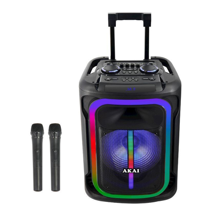 Akai ABTS-15 Pro Volcano Μαύρο φορητό Party speaker τρόλεϊ με Bluetooth, USB, SD, AUX, FM, LED, AWS με τηλεχειριστήριο και 2 ασυρματα μικροφωνα μ