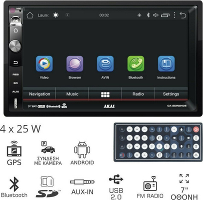 Akai CA-2DIN2405.Radio 2 DIN με Android, δέκτη GPS, Bluetooth, USB, SD, Aux-In, 7″