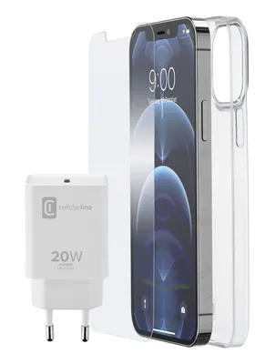 CELLULAR LINE 413933 Σετ Start Kit Φορτιστής Σπιτιού 20W/Θήκη Σιλικόνης/Γυαλί προστασίας για iPhone 12 Pro Max