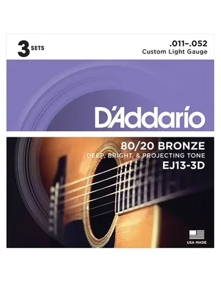 D'Addario EJ-13 3D Χορδές Ακ.Κιθάρας  80/20 Bronze .011-.052 Custom Light (3-Σετ)