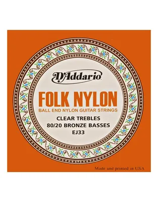 D'Addario EJ-33 Folk Nylon Χορδές Κλασικής Κιθάρας 80/20 Bronze & Clear Nylon Ball-End