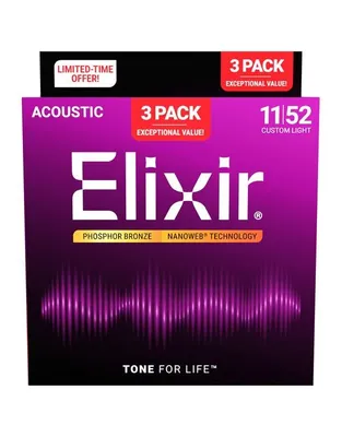 ELIXIR 16027 Χορδές Ακουστικής Κιθάρας Nanoweb Coating Phosphor Bronze .011-.052 Custom Light  Set 3TMX
