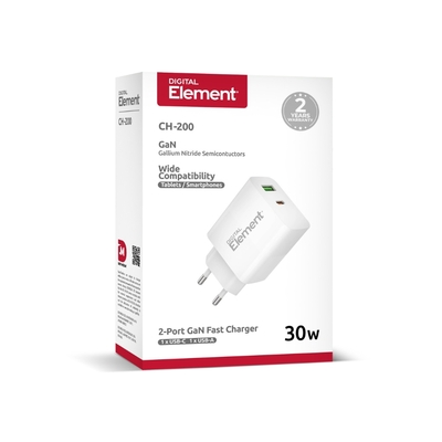 Φορτιστής Σπιτιού GaN PD 30W Element CH-200 2 Θέσεων Λευκό