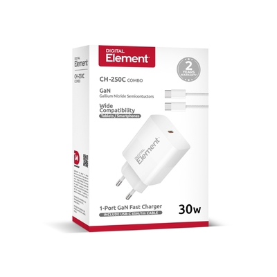 Φορτιστής Σπιτιού GaN PD 30W Element CH-250C 1 Θέσης, με καλώδιο USB-C 65W 1m Λευκό