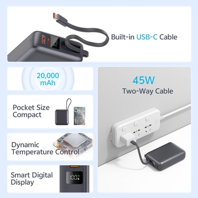QCY PB20A Grey 20000mAh 45W PD fast charge power bank - Digital Display, Fireproof ABS+PC