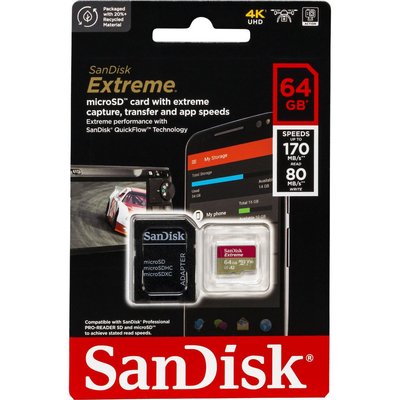 SanDisk Extreme microSDXC 64GB + SD Adapter + 1 year RescuePRO Deluxe