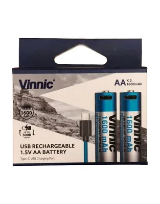 VINNIC USB ΑΑ 1600mah 1,5V Επαναφορτιζόμενες μπαταρίες (2 τεμ. + καλώδιο φόρτισης)