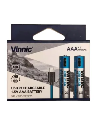 VINNIC USB ΑΑA 400mah 1,5V Επαναφορτιζόμενες μπαταρίες (2 τεμ. + καλώδιο φόρτισης)
